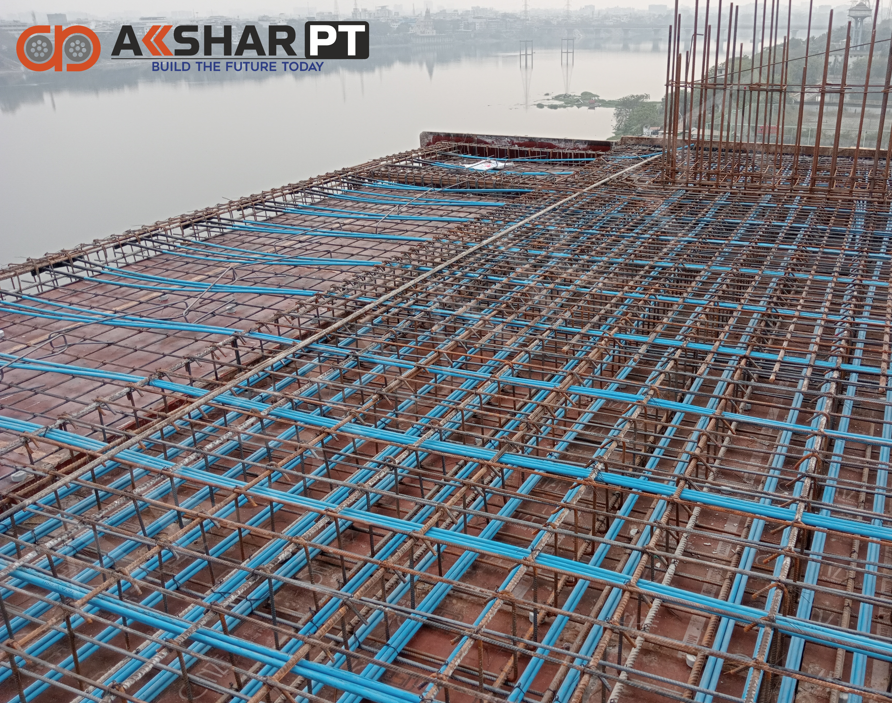advanced post-tensioning technology, concrete beam construction, engineering equipment, modern industrial setting