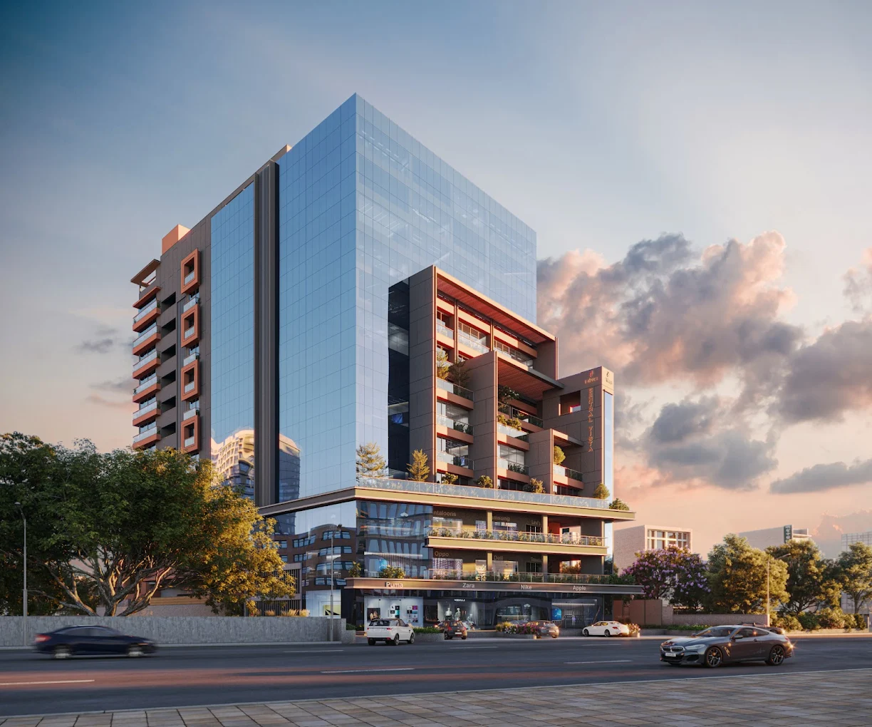 modern commercial building with post-tensioned concrete structure